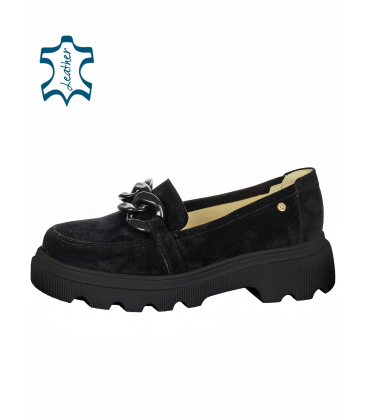 Black extravagant shoes made of brushed leather with a chain DBA2308