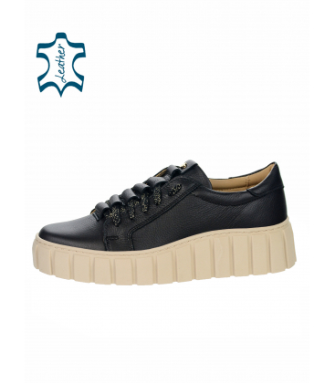 Black sneakers with a frill on the tongue on a beige sole rosella8000