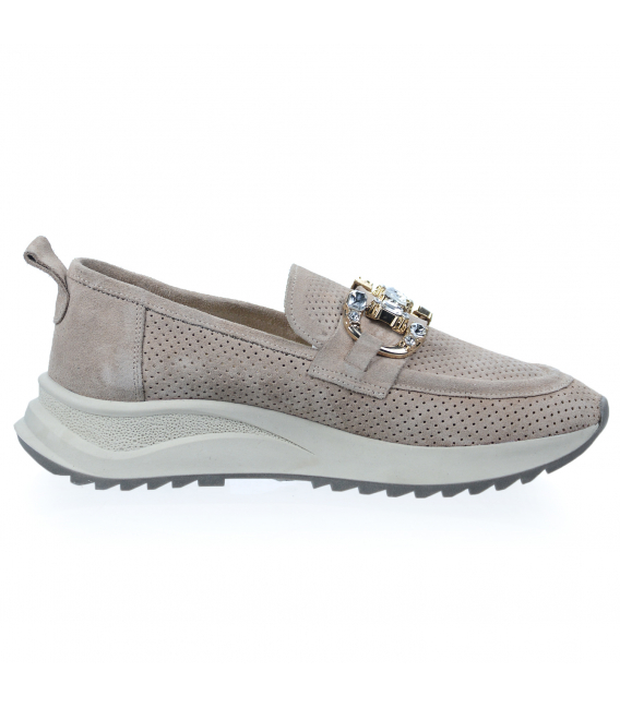 Beige slip-on sneakers made of brushed leather with decoration 2444