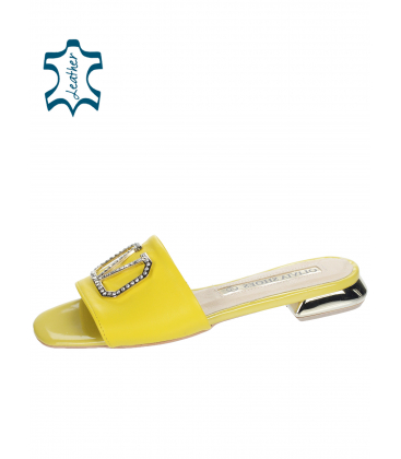 Yellow leather flip-flops with stone decoration DSL2447