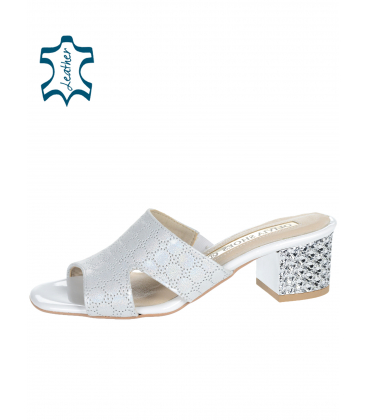 Silver leather flip flops with decorative heel DSL2456