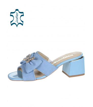 Pale blue stylish flip flops made of brushed leather with decoration DSL2439