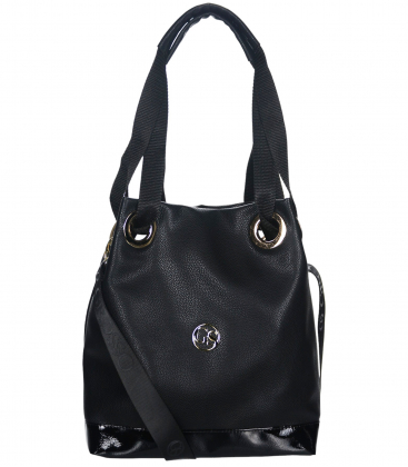 A large black handbag with a shiny black trim by Gabriela