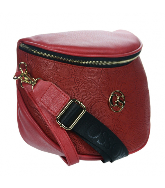 Red crossbody bag with lasered PENA patterns