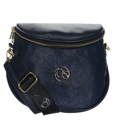 Blue crossbody bag with lasered PENA patterns