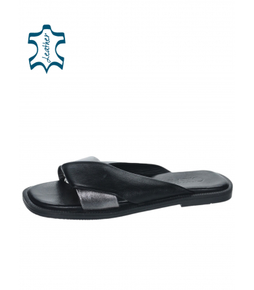 Black and silver leather flip flops TML01T