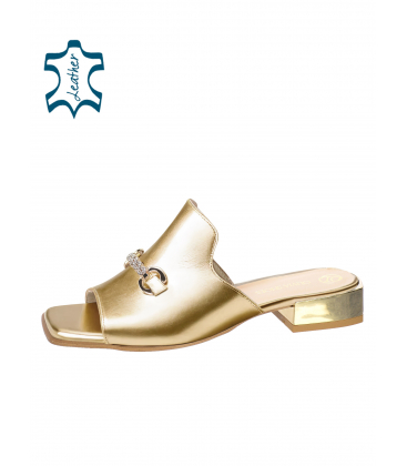 Golden comfortable leather flip-flops with decoration OL 2404