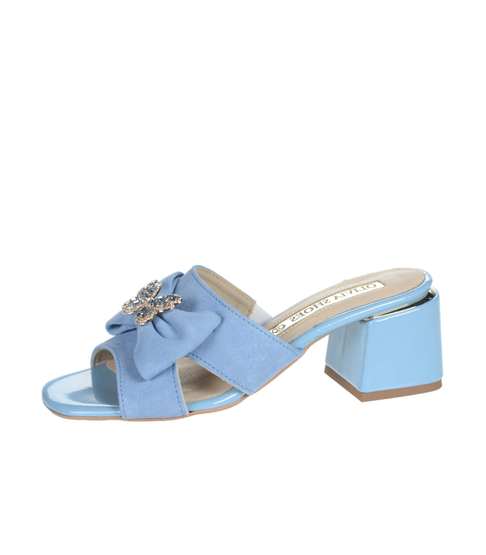 Pale blue stylish flip flops made of brushed leather with decoration DSL2439