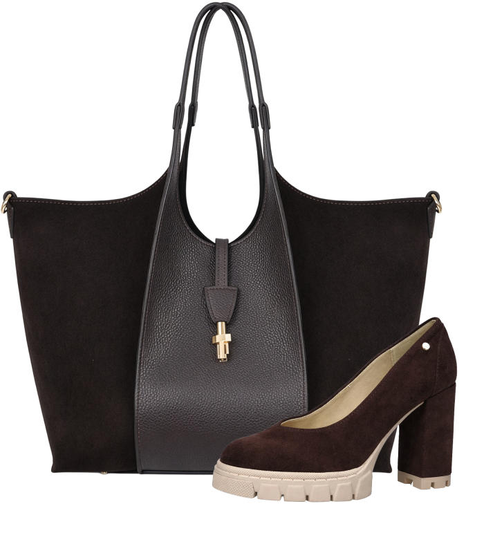 Discounted set of cut-out brown pumps with a thick heel made of brushed leather DLO2222+Simona handbag