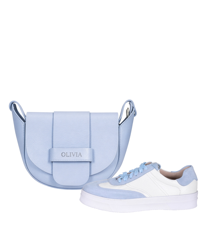 Discounted set of blue leather sneakers 2527 + handbag Sofia