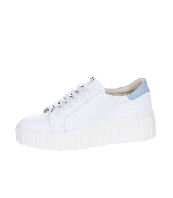 White sneakers with blue heel and ruching on the tongue 8000