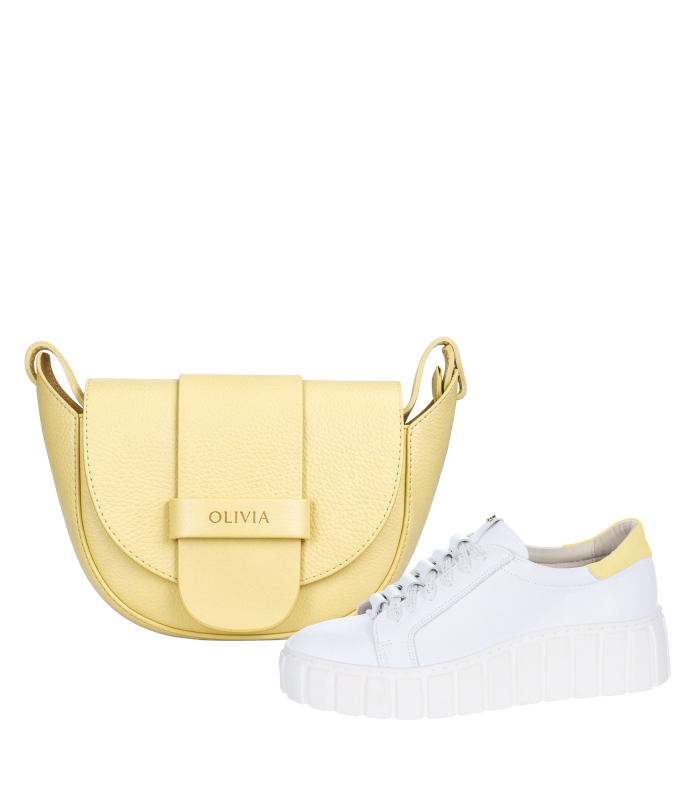 Discounted set of white sneakers with yellow heel and pleats on the tongue 8000+Sofia handbag