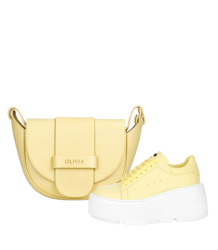 Discounted set of yellow leather sneakers with maxi soles 2528+Sofia handbag