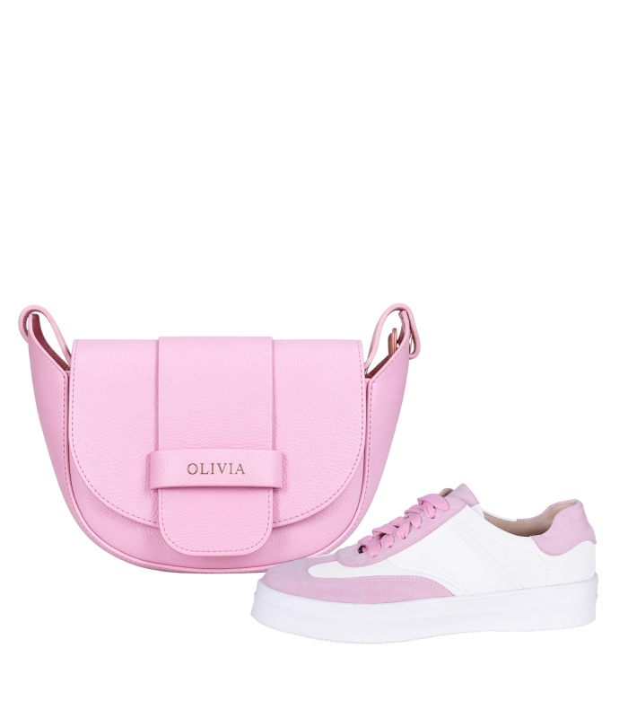 Discounted set of pink leather sneakers 2527 + handbag Sofia