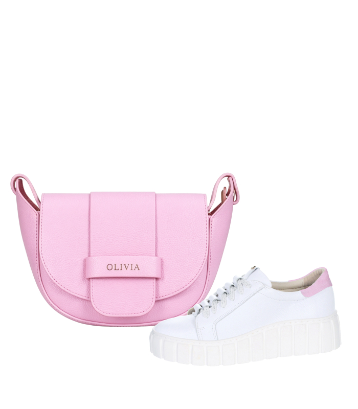 Discounted set of white sneakers with pink heel and ruffles on the tongue 8000+Sofia handbag