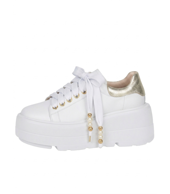 White leather sneakers with decorative laces on a maxi sole 2530