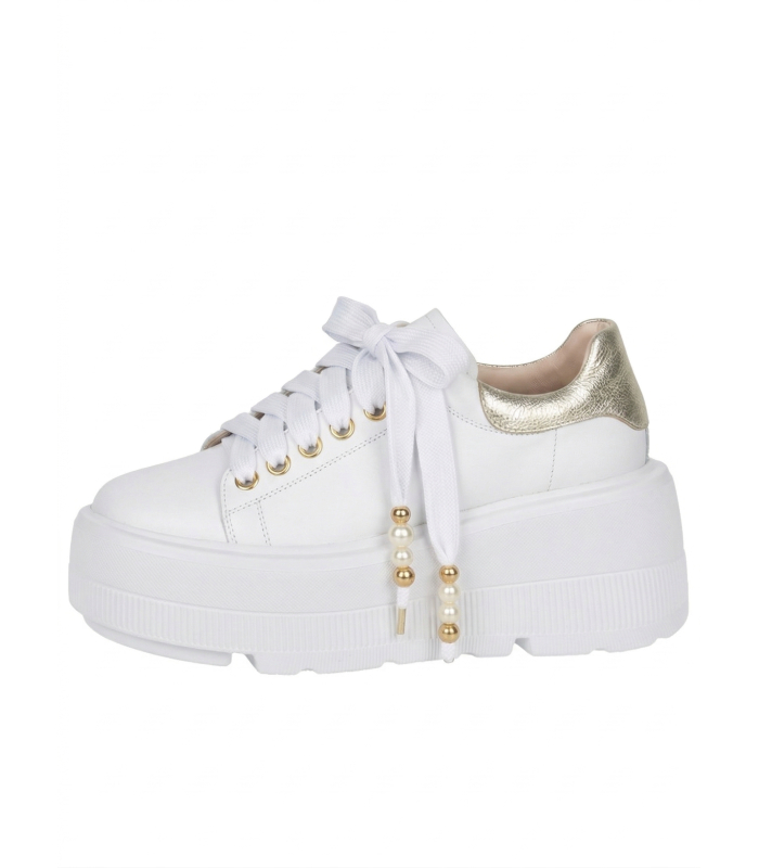 White leather sneakers with decorative laces on a maxi sole 2530