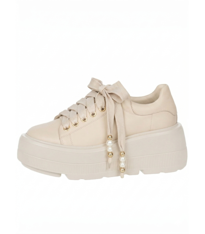  Beige leather sneakers with decorative laces on a maxi sole 2530