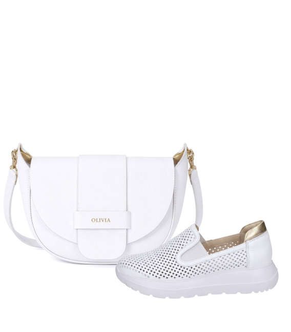 Discounted set white perforated slip-on loafers DTE054+Sofia handbag