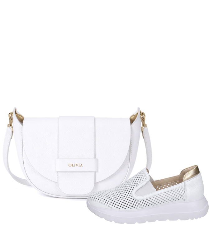 Discounted set white perforated slip-on loafers DTE054+Sofia handbag