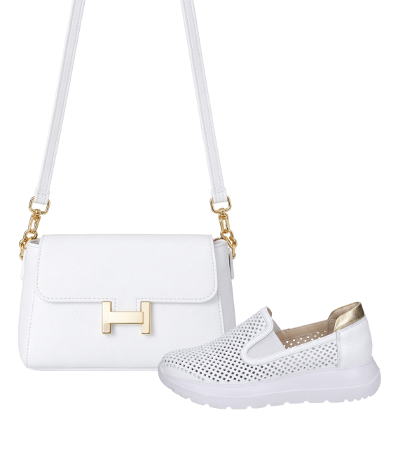 Discounted set white perforated slip-on loafers DTE054+Ivana handbag
