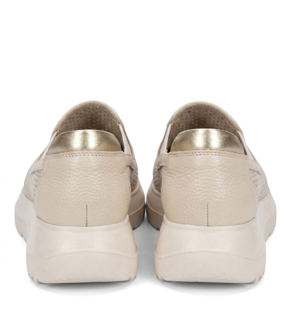 Beige perforated slip on moccasins DTE054