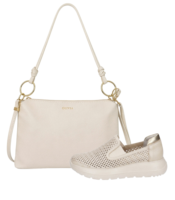 Discounted set beige perforated slip-on loafers DTE054+Karin handbag