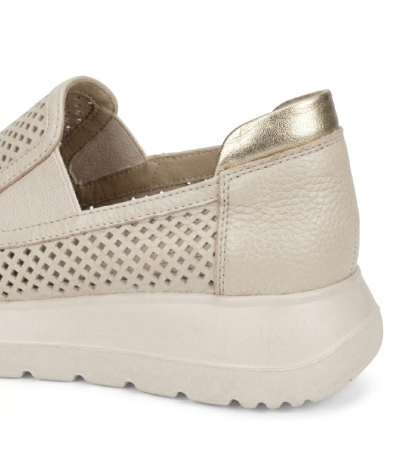 Beige perforated slip on moccasins DTE054