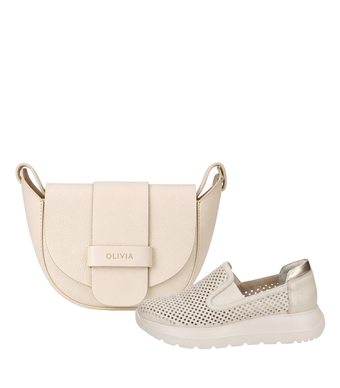 Discounted set beige perforated slip-on loafers DTE054+Sofia handbag
