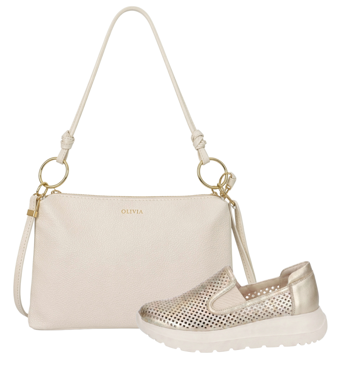  Discounted set of gold perforated slip-on loafers DTE054+Karin handbag