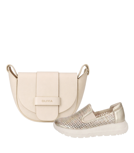 Discounted set of gold perforated slip-on loafers DTE054+Sofia handbag