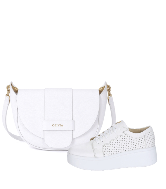 Discounted set of white perforated sneakers with OL logo 2493 + Sofia handbag
