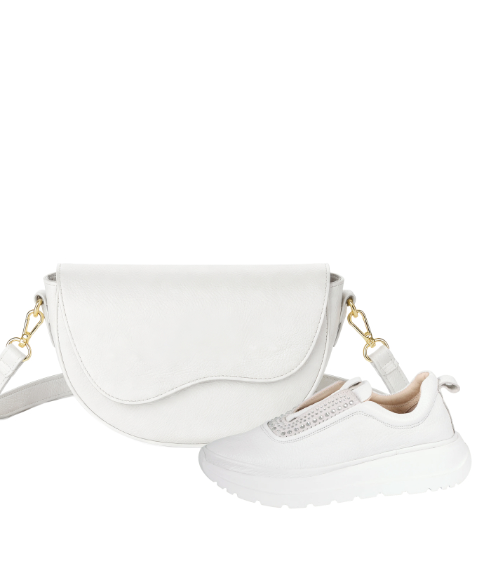 Discounted set of white slip-on sneakers with rhinestones on the sole unica 2534 + Linda handbag
