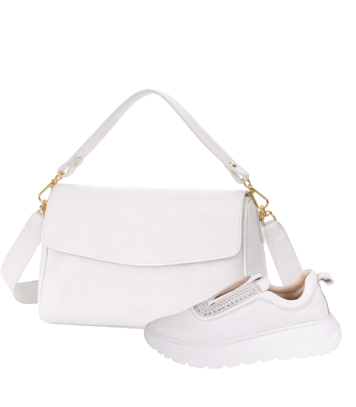 Discounted set of white slip-on sneakers with rhinestones on the sole unica 2534 + EMA handbag