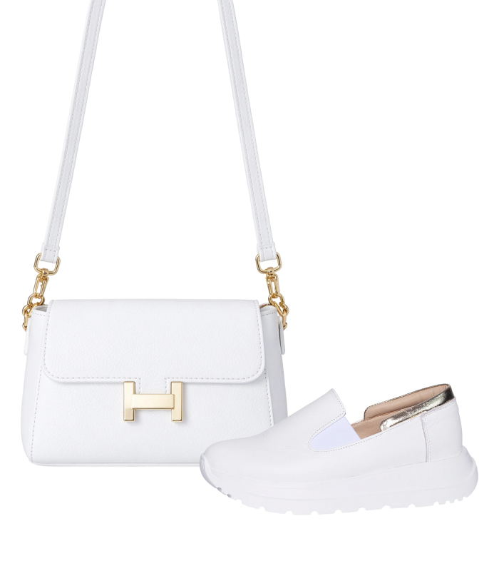  Discounted set white slip-on moccasins DTE054+Ivana handbag