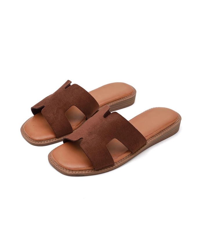 Comfortable, elegant brown slippers made of brushed leather