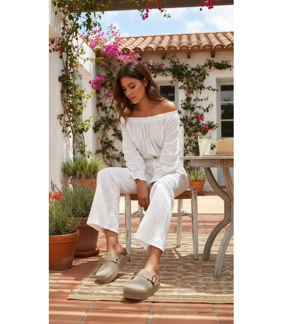 Women's closed beige flip-flops with a higher sole