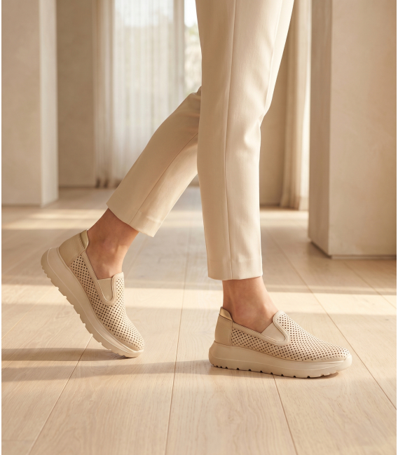 Beige perforated slip on moccasins DTE054