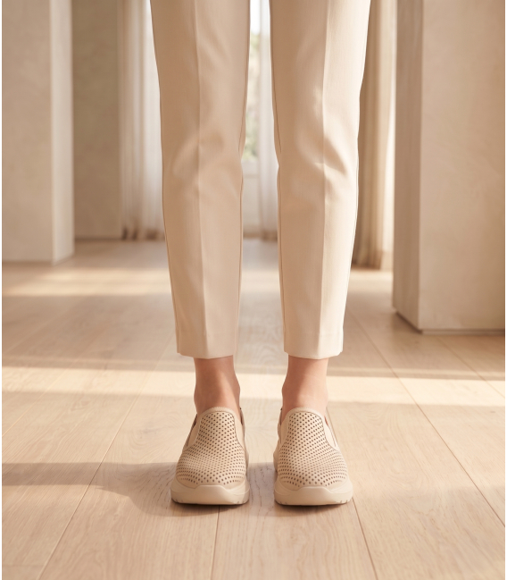 Beige perforated slip on moccasins DTE054