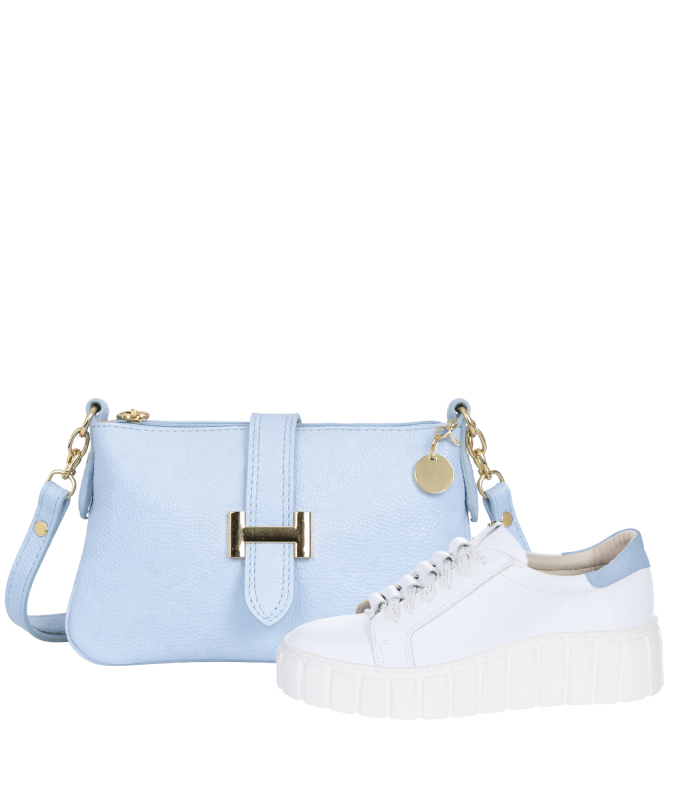 Discounted set of white sneakers with a blue heel and pleats on the tongue 8000+Hana handbag