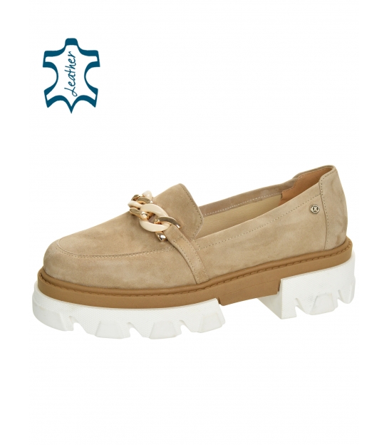 Pale brown extravagant low shoes with chain DBA2268