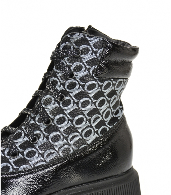 Black shiny ankle boots with silver monogram OL DKO3405 