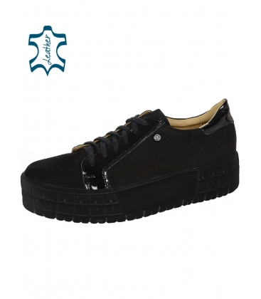 Black sanding leather sneakers with lacquered element on the black sole HANZA DTE089