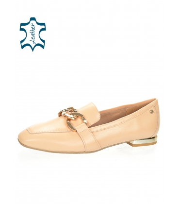 Beige elegant low leather shoes with gold decoration 5042