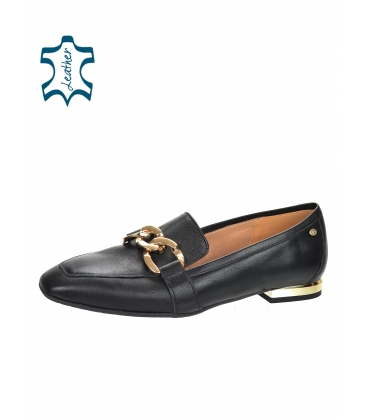 Black elegant low leather shoes with gold decoration 5042
