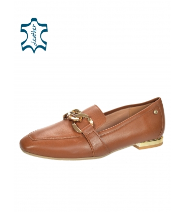 Brown elegant low leather shoes with gold decoration 5042
