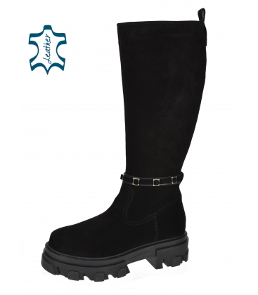 Black boots made of brushed leather and decorative strap 9033