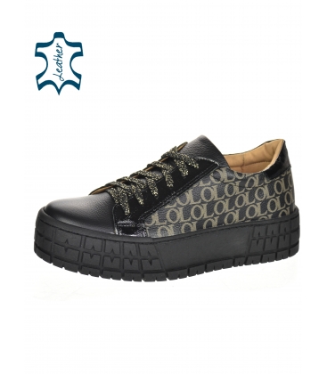 Black sneakers with a fine monogram and a lacquered element on a black sole HANZA DTE3317