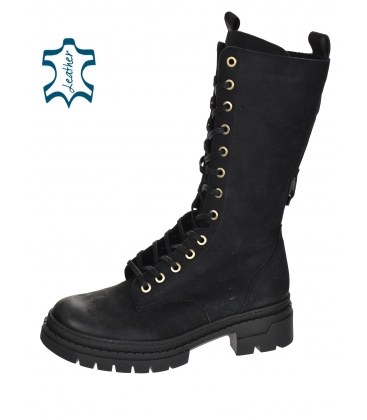 Black leather higher workers made of brushed leather with lacing O_8101-N024