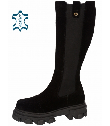 Black brushed leather boots with elastic element on the side 9037